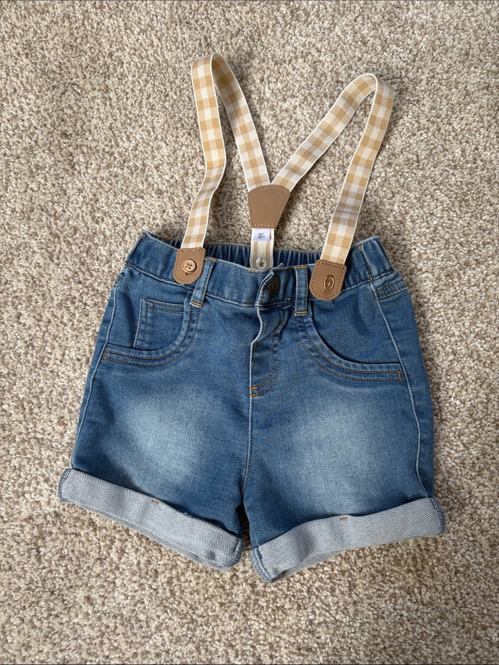 Cat and Jack Denim Baby Shorts with Tan Gingham Suspenders